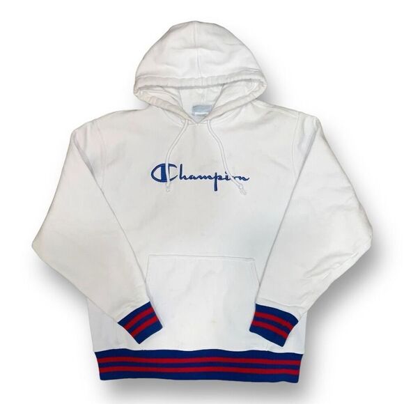 🏁 Vintage Champion Reverse Weave White Hoodie‎ – Striped Cuffs Size L - Picture 2 of 6